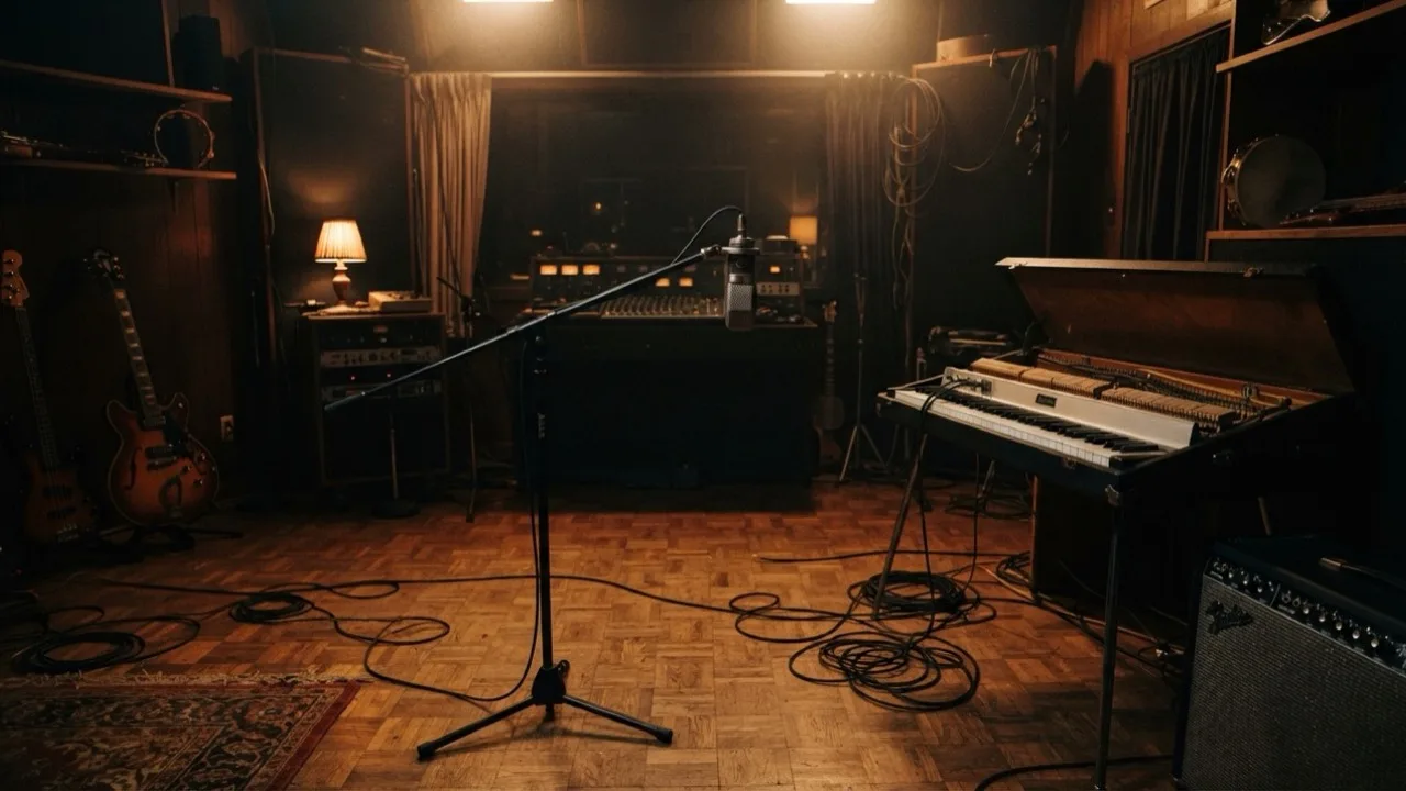 A vintage ribbon microphone and electric piano on a dimly lit soul studio floor