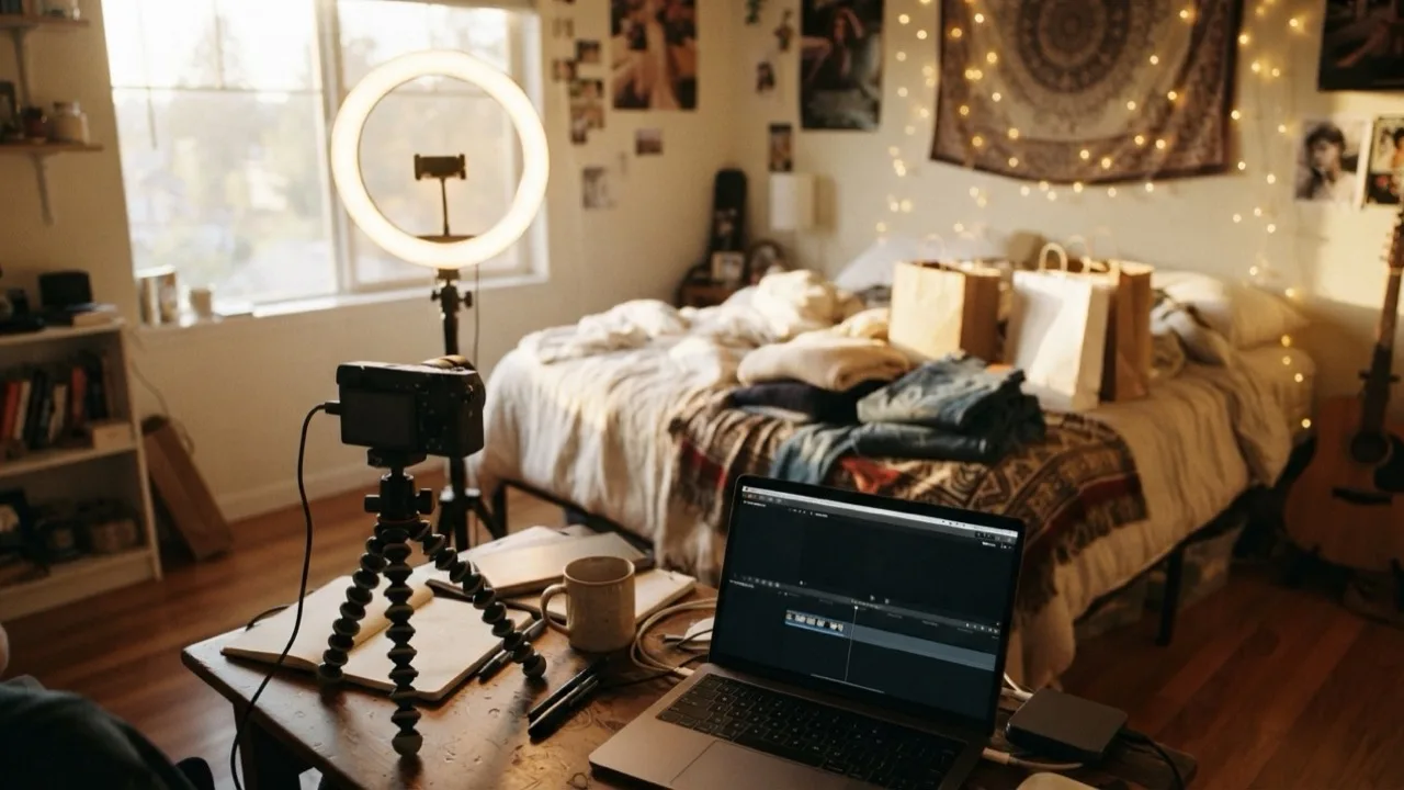 A creator's bedroom filming setup with a ring light, camera on a tripod and shopping bags on the bed