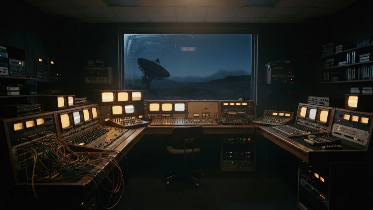 Empty television control room at night with glowing monitors and a satellite dish silhouetted outside