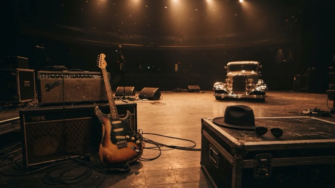 Vintage sunburst electric guitar resting on an amplifier under warm stage lights, seen from the wings