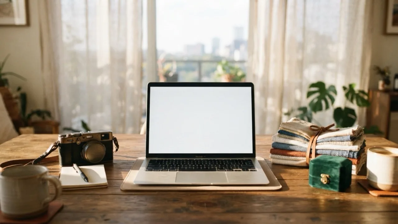 A creator's sunlit desk with a laptop, camera and small velvet box, no people visible