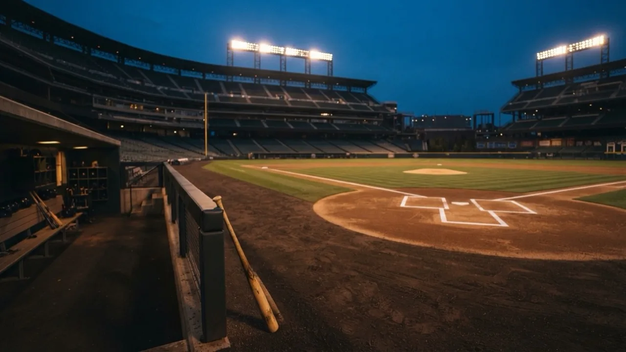 Empty baseball stadium at dusk with floodlights on and a manicured infield