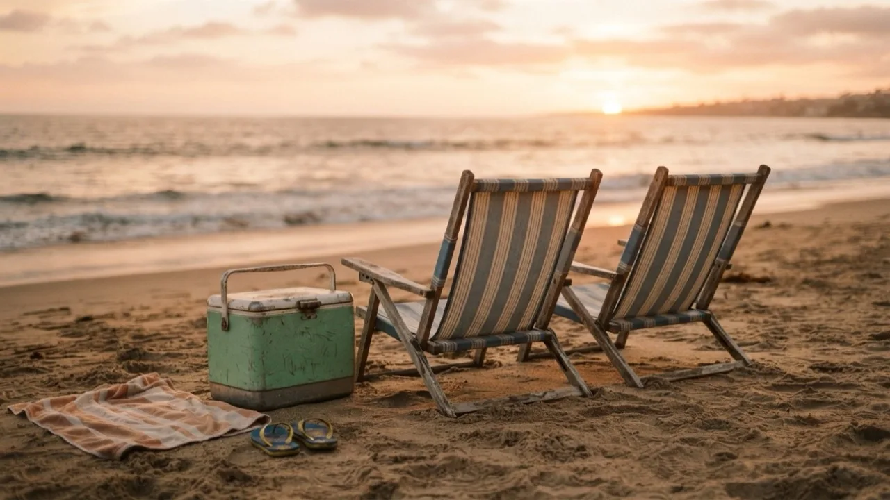 Empty beach chairs and a cooler on warm sand at golden hour, no people visible