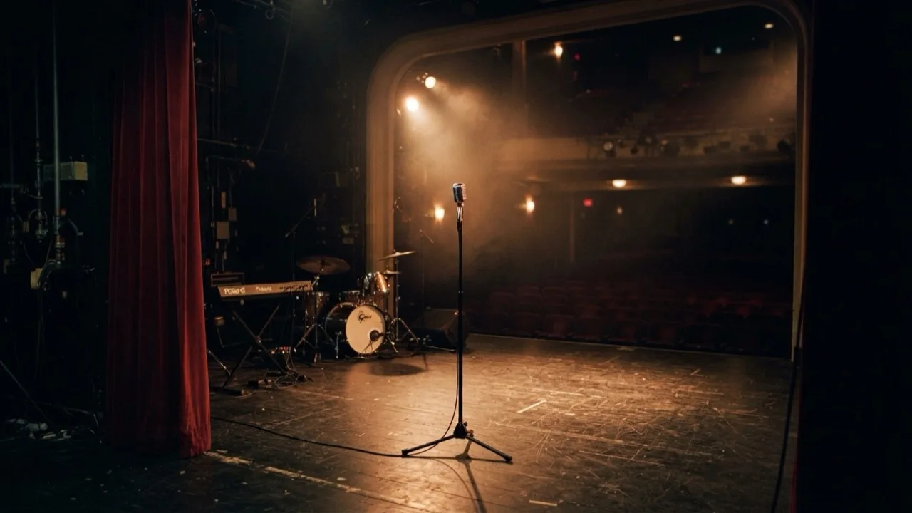 Empty theatre stage with a microphone stand under warm spotlights before an R&B show