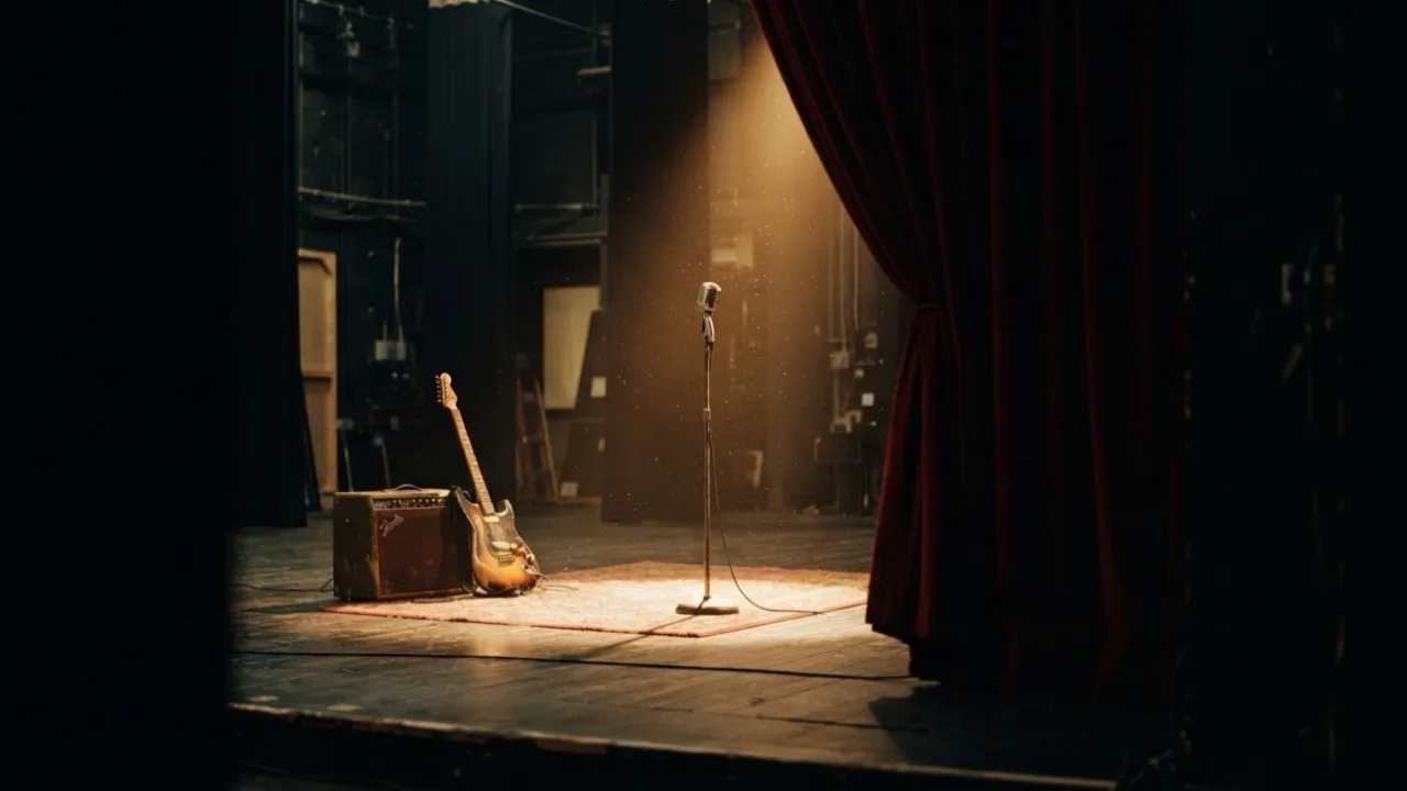 Empty concert stage seen from the wings with a vintage microphone stand and an electric guitar resting against an amplifier