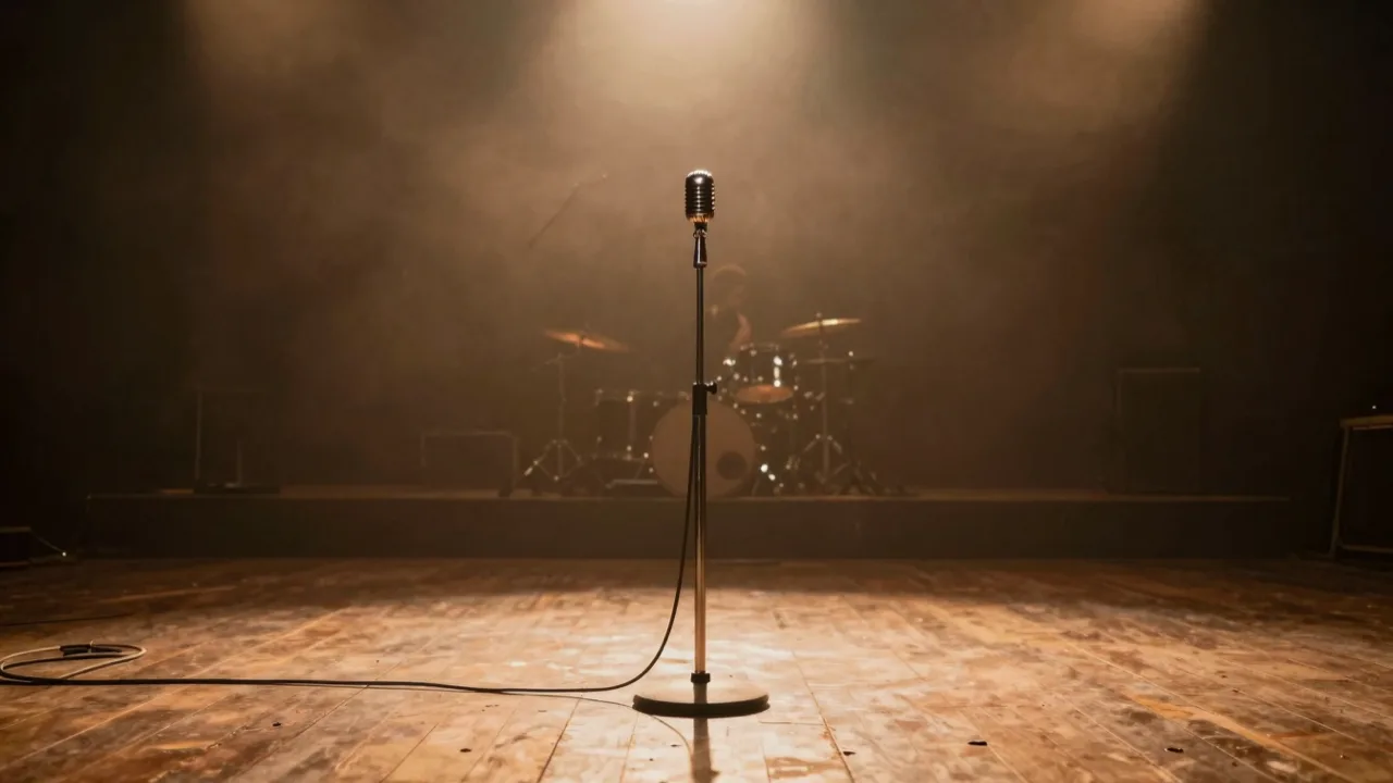 Empty concert stage with warm spotlights, a vintage microphone stand and drum riser seen from the wings