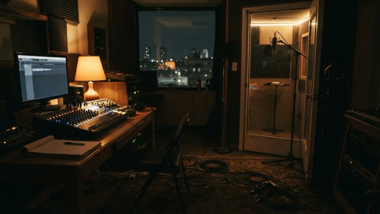 Empty recording studio booth lit by warm lamps, microphone and mixing desk in soft focus