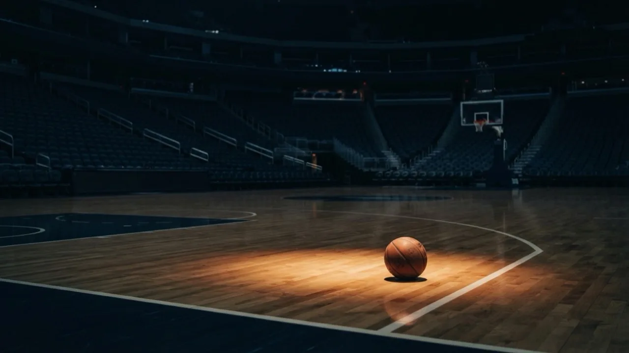 Empty basketball arena at dusk with a single spotlight on the hardwood floor