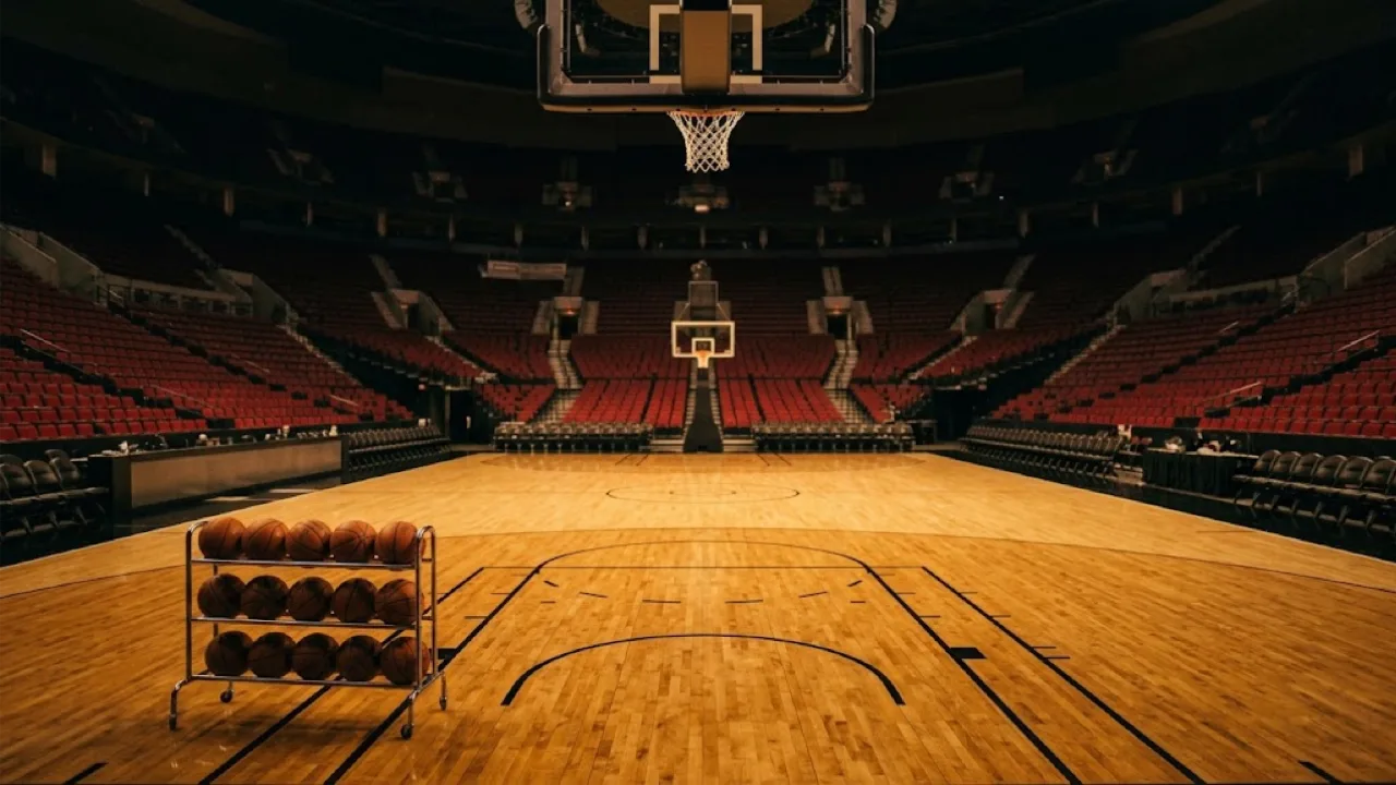 Empty basketball arena seats and warm court lighting before tip off