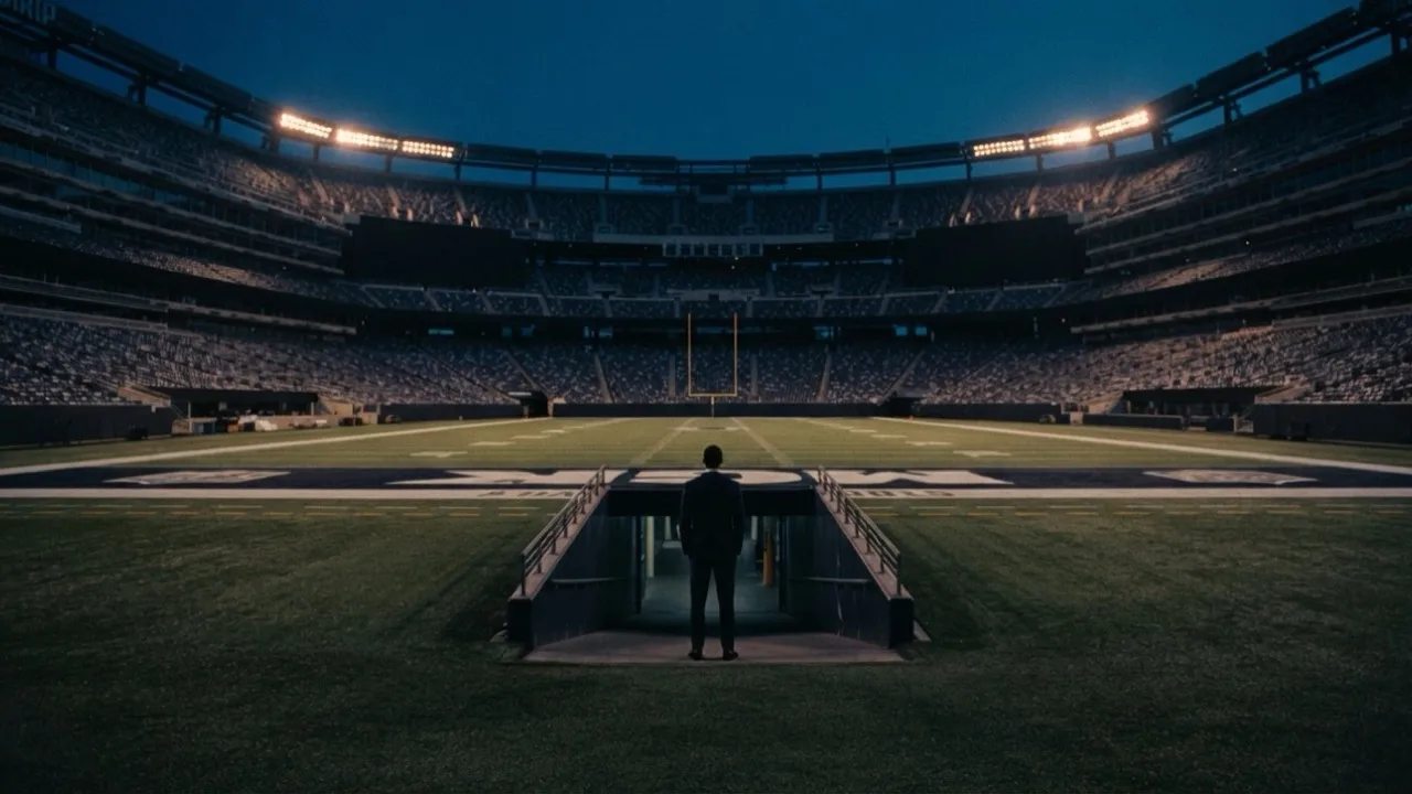 Empty stadium bowl at dusk with floodlights on and a single figure standing in the tunnel entrance, seen from behind