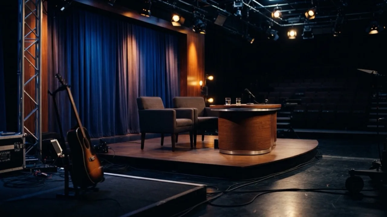 Empty late night talk show set with two chairs, a desk and warm studio lighting