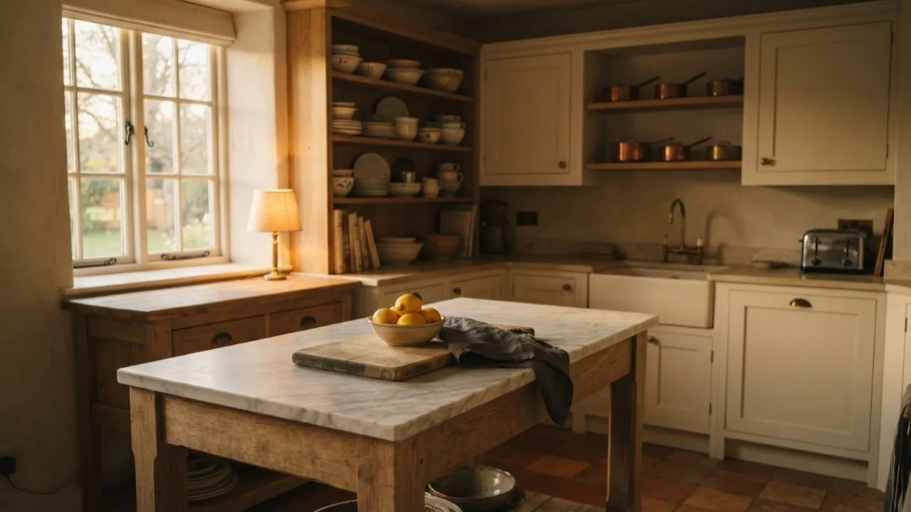 Warm morning light across a cream and oak kitchen island with open shelves, no people visible