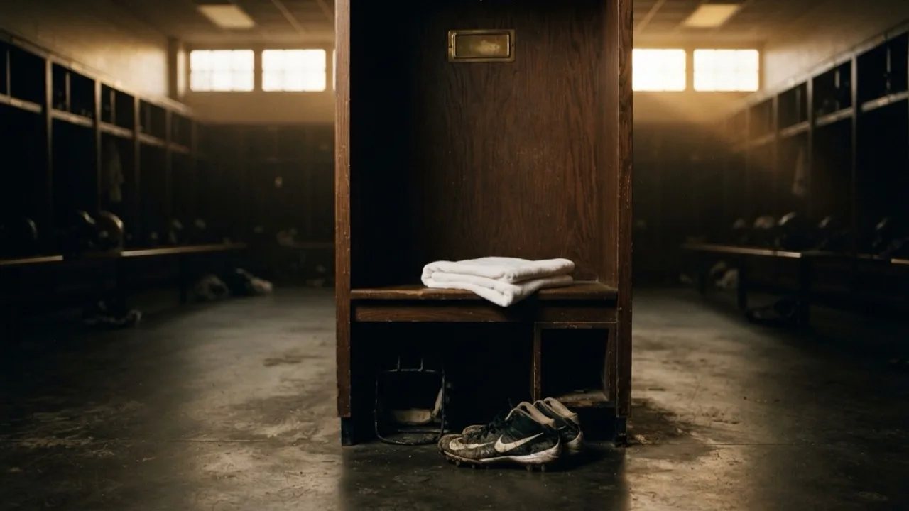 An empty locker room stall with a bare nameplate holder and a folded towel on the bench
