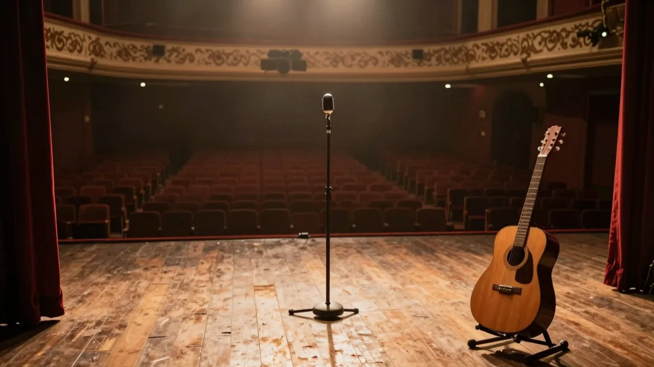 Empty theatre stage with warm spotlights and a single microphone stand before a show