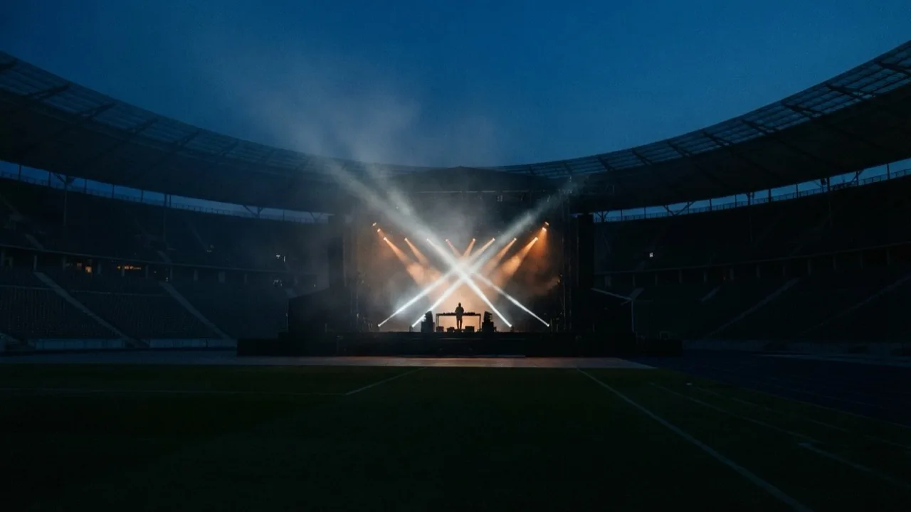 Empty stadium at dusk with stage lights and haze, seen from the edge of the field