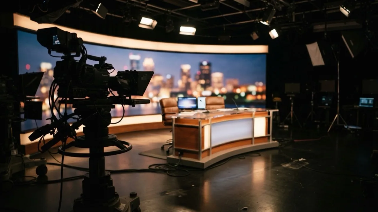 An empty local television news set lit by studio lights, with a camera in the foreground and a city skyline backdrop