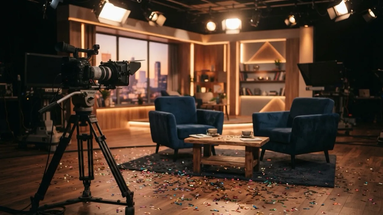 Empty morning television studio set with two chairs, warm lights and a coffee table