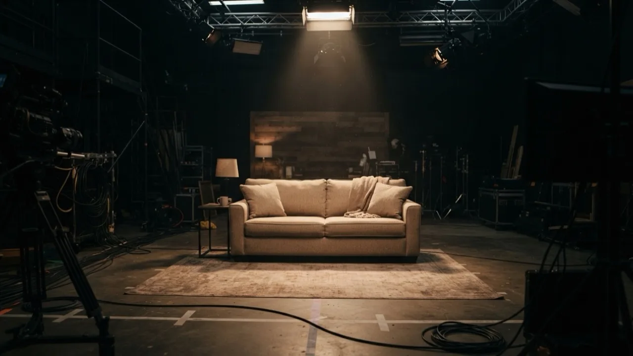 Empty television studio with warm lights and a family sofa set, no people visible