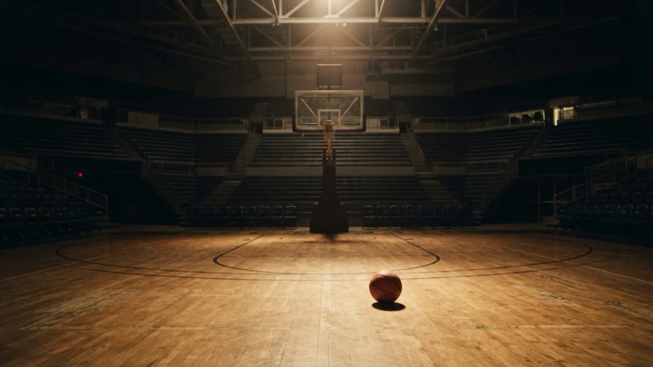 Empty basketball arena at dusk with a single hoop lit by overhead lights