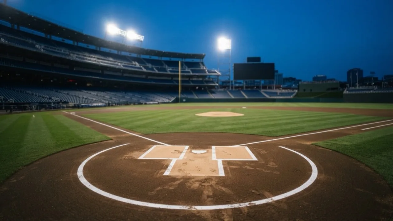 Empty baseball stadium at dusk with floodlights on and a pitcher's mound in the foreground