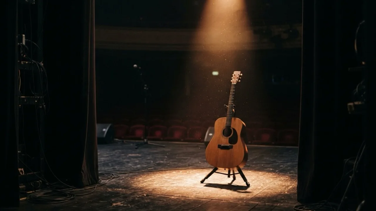An acoustic guitar resting on a stand at the edge of a dimly lit stage, seen from the wings