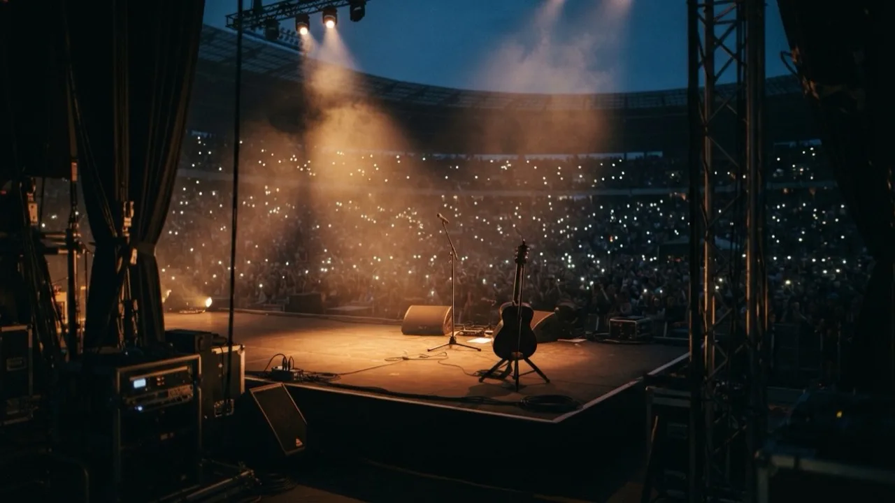 Empty stadium stage seen from the wings under warm amber lights before a country concert