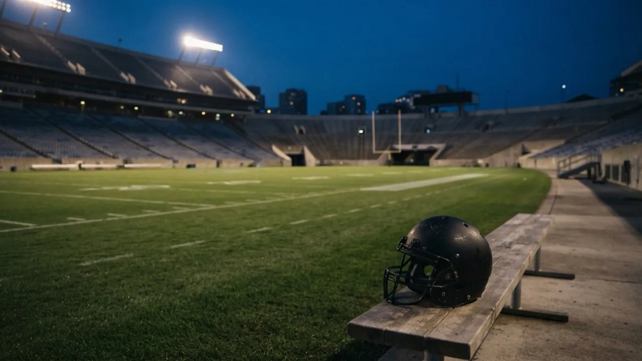 Empty American football stadium at dusk with floodlights switched on over the field