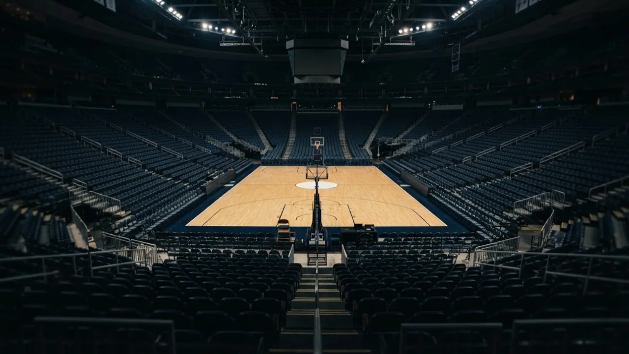 Empty basketball arena seats lit by overhead spotlights before a game