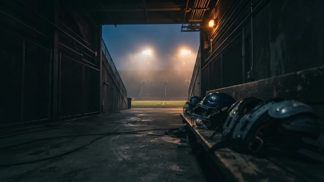 Empty football stadium tunnel lit by floodlights before a night game