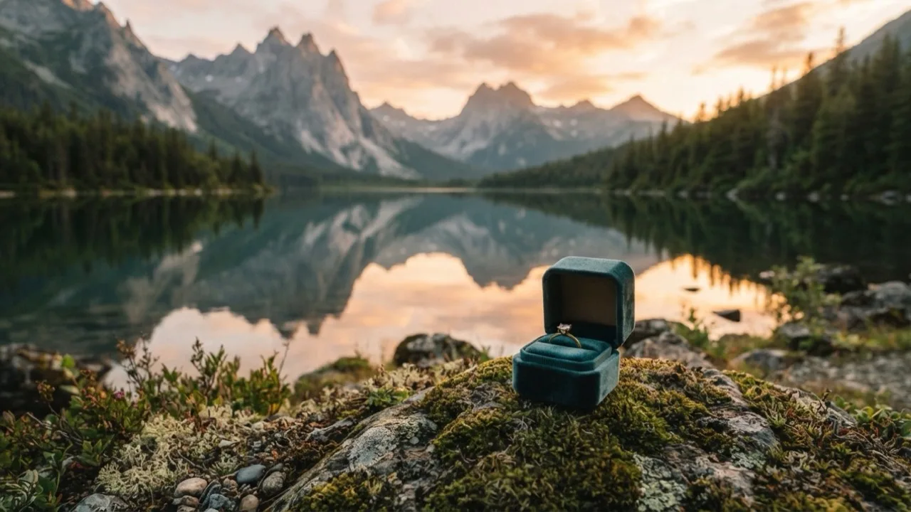 An engagement ring resting on a mossy rock beside a still mountain lake at dusk