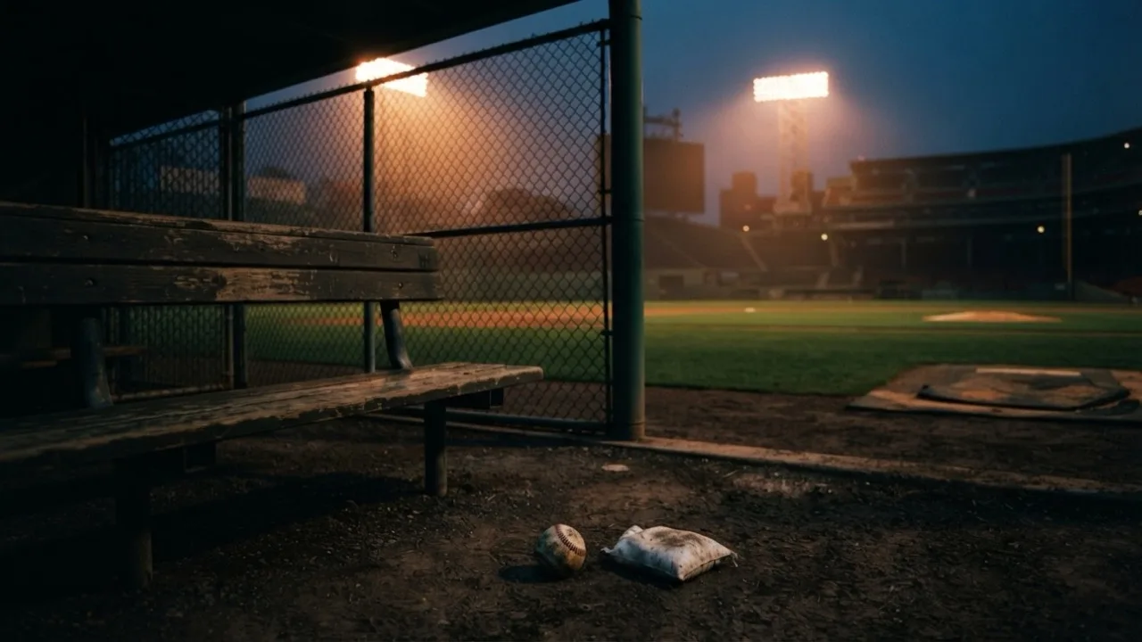 Empty baseball bullpen bench under evening stadium lights, no people visible