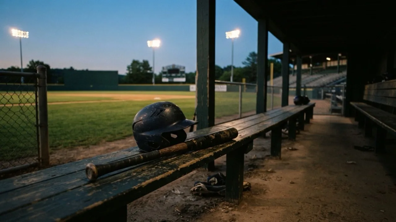 Empty baseball dugout at dusk with stadium lights warming up over an old ballpark