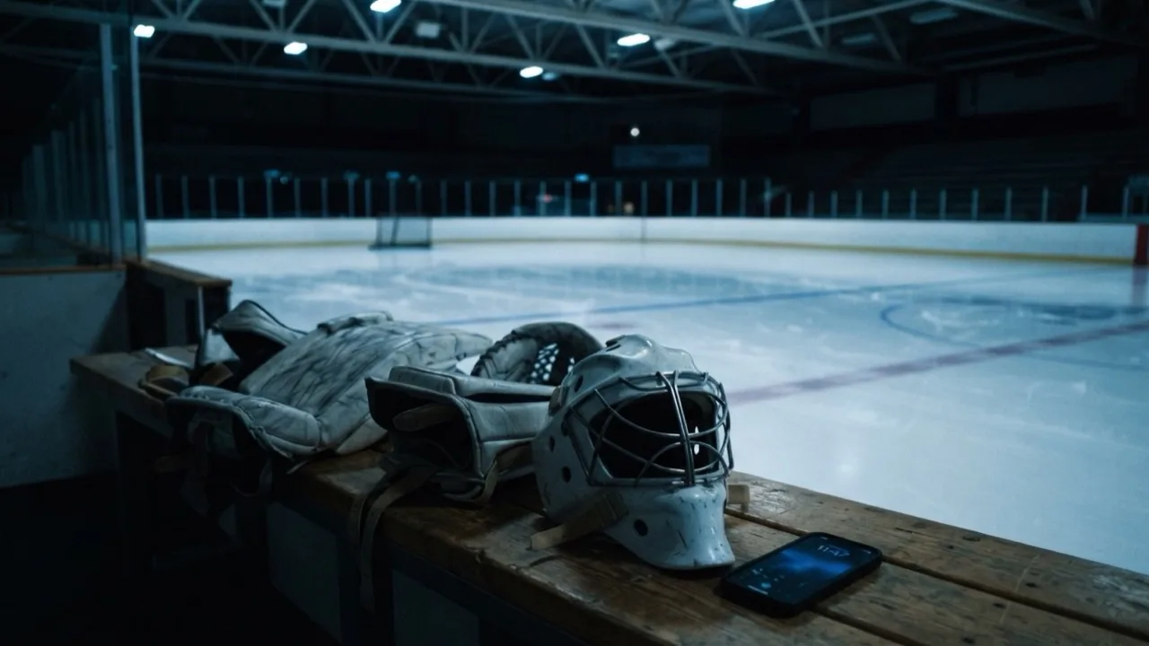 Empty ice rink lit by overhead lights with a phone on a bench in the foreground