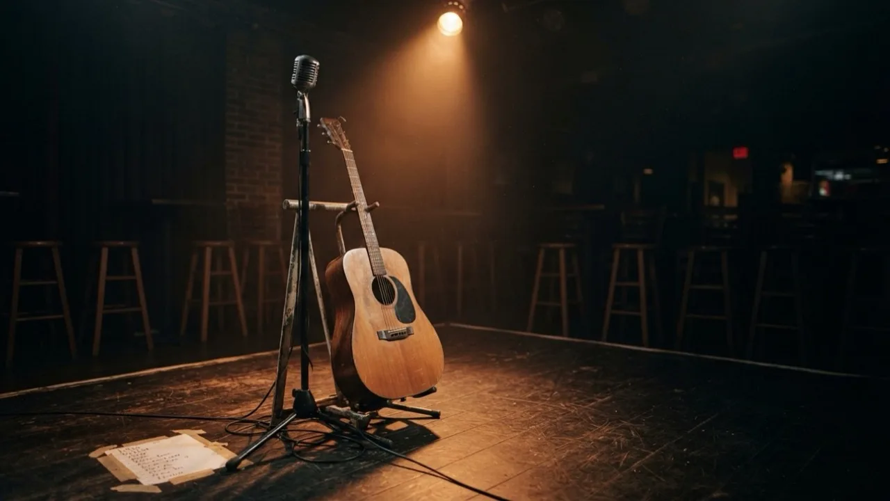 An acoustic guitar leaning against a microphone stand on a small, warmly lit club stage