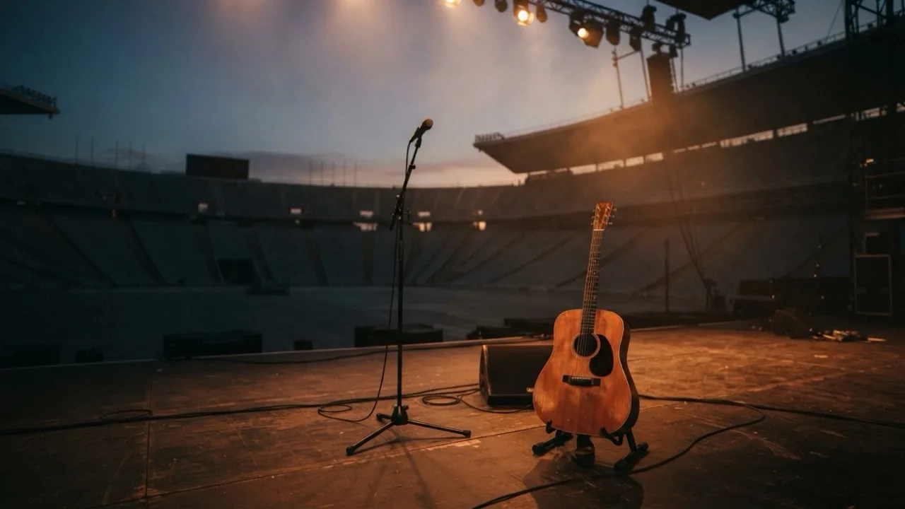 Empty stadium stage at dusk, warm lights and microphone stand, no people visible