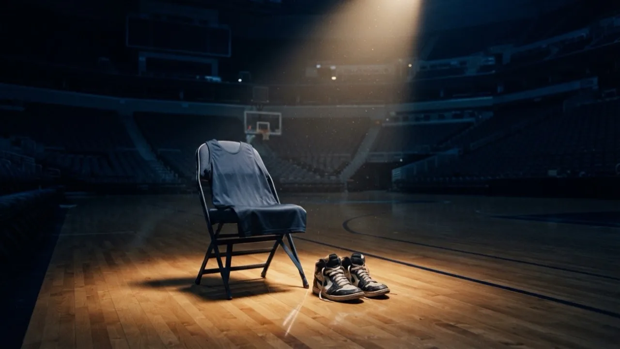 Empty basketball arena at night with a single spotlight on the hardwood and an unmarked jersey folded on a courtside chair