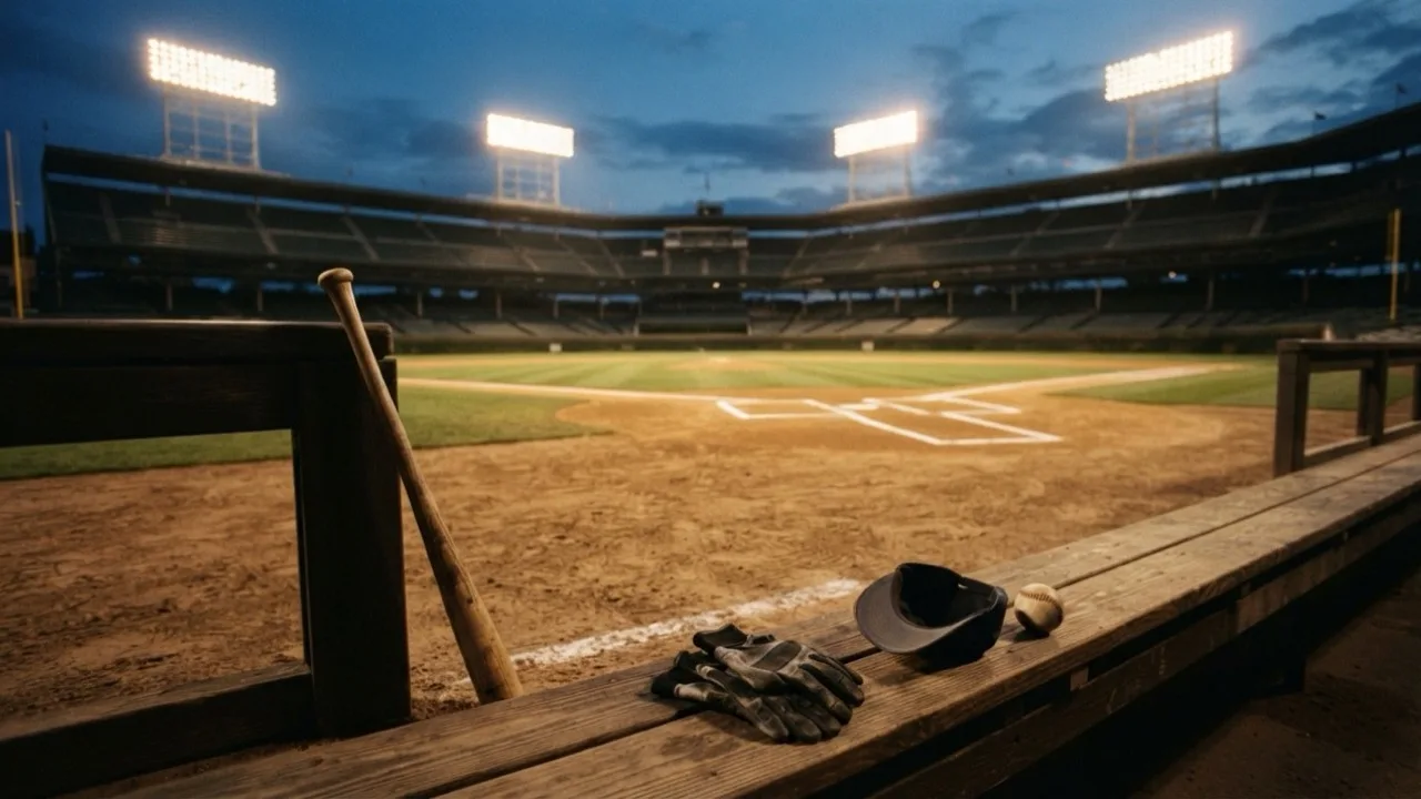 Empty baseball stadium at dusk with stadium lights on and a bat resting against the dugout rail