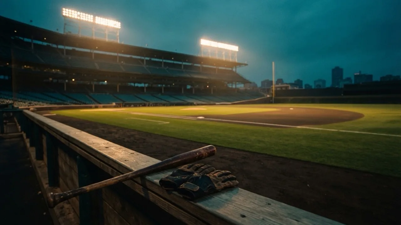 Empty baseball stadium at dusk with stadium lights on and a bat resting against the dugout rail
