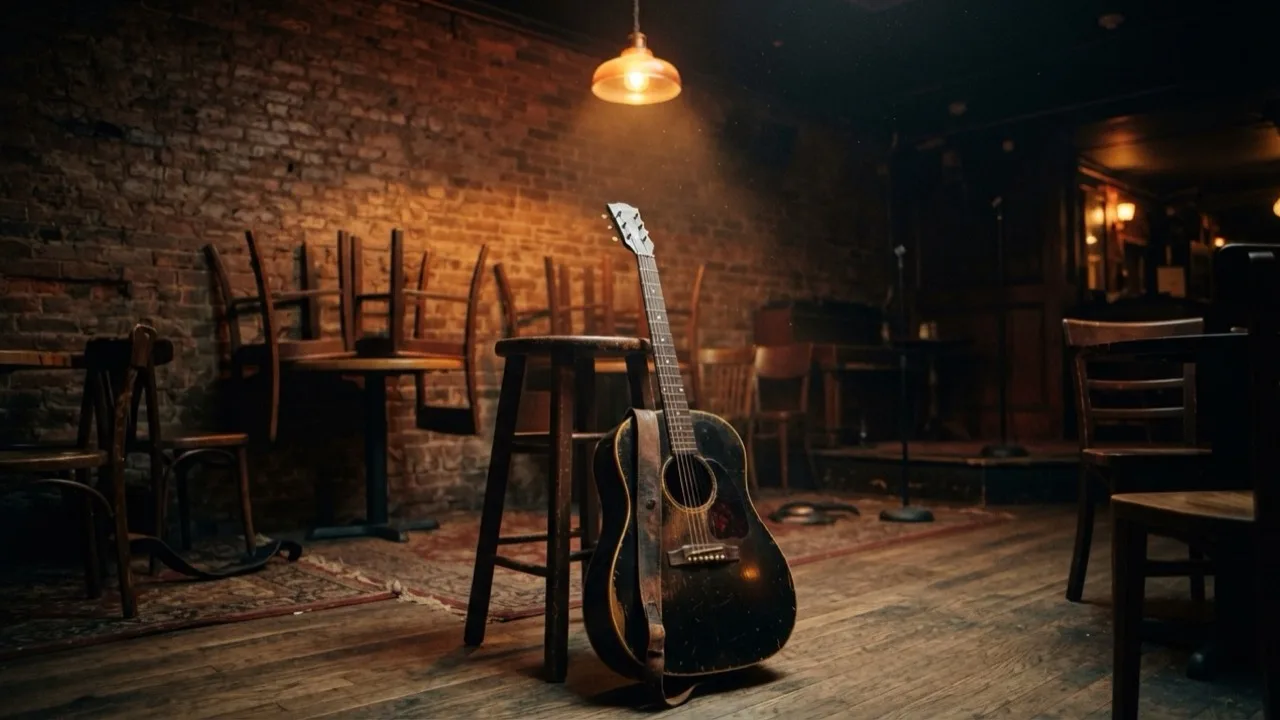An acoustic guitar leaning on a wooden stool in an empty coffee house lit by one warm lamp