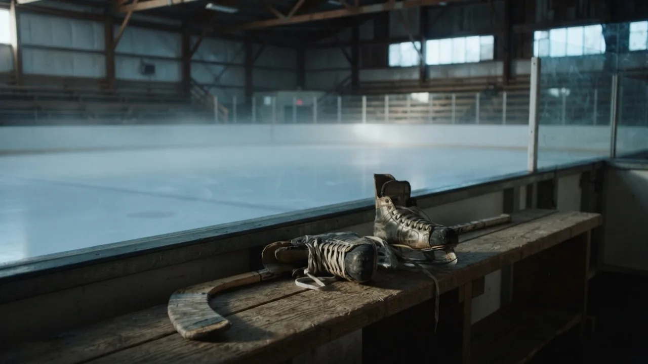 Empty small town ice rink at dawn with worn skates and a taped stick resting on a wooden bench