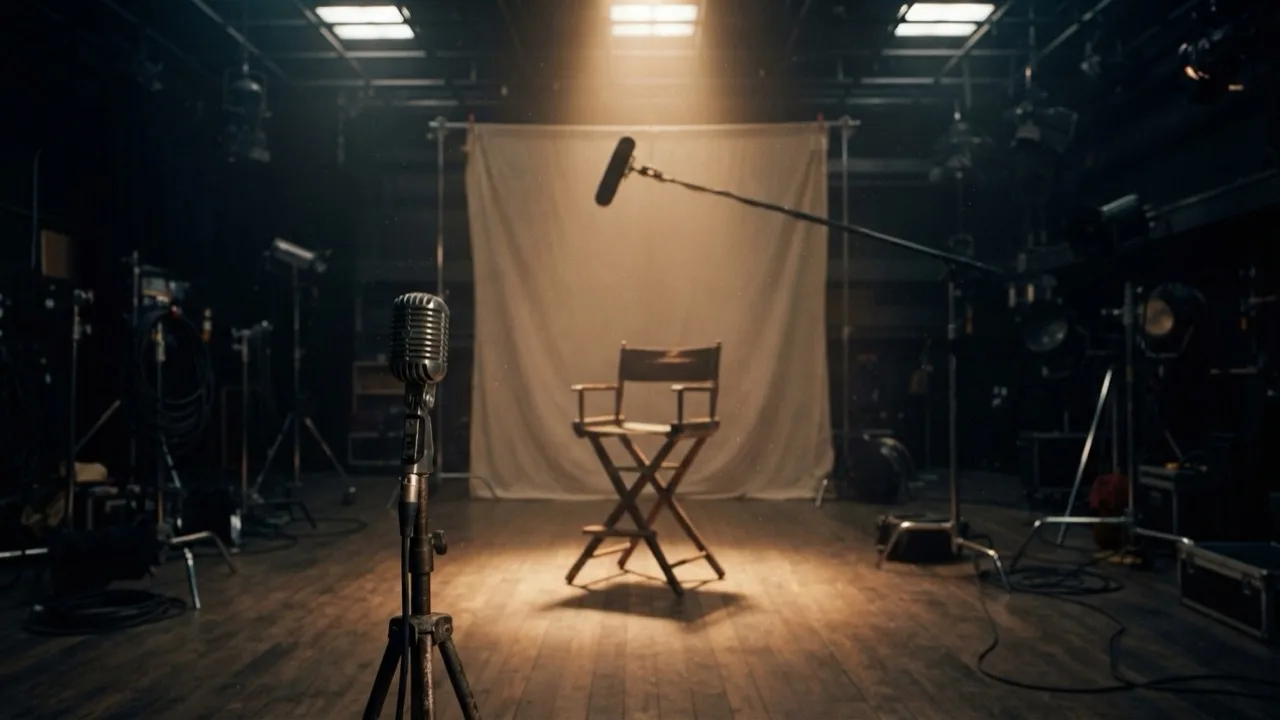 Empty vintage television soundstage with warm studio lights, a boom microphone and an unoccupied director's chair