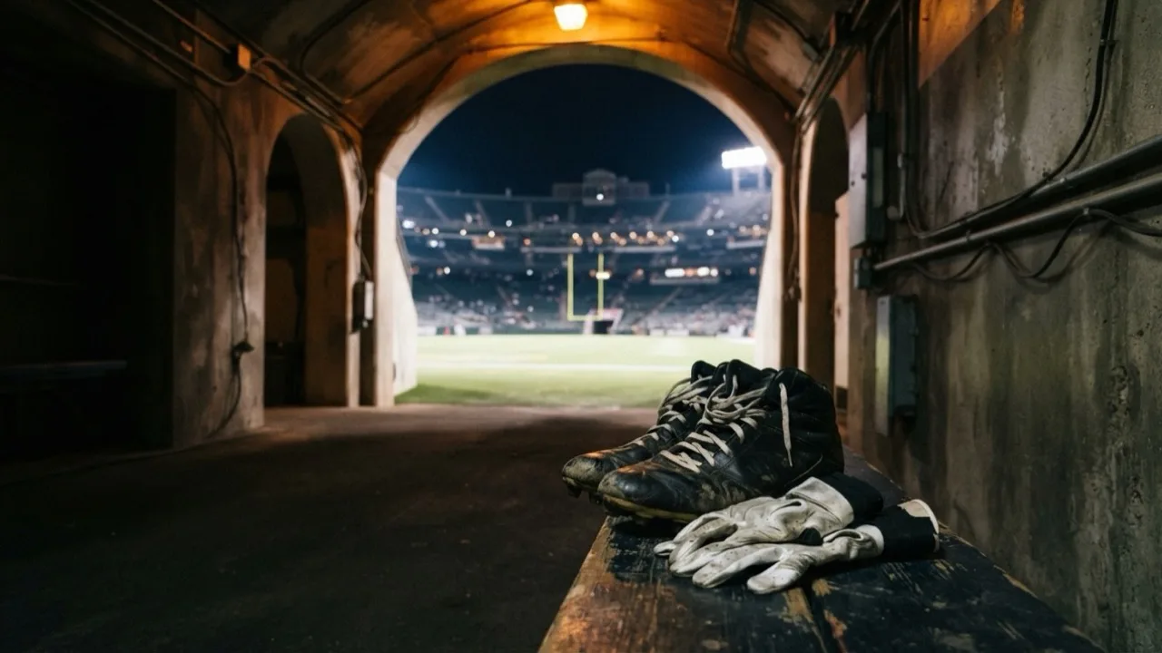 Empty football stadium tunnel at night with stadium lights glowing beyond the opening