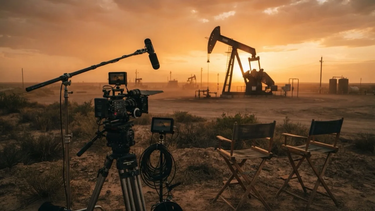 Empty film production chairs and lighting rigs at dusk beside a West Texas oil pumpjack silhouette