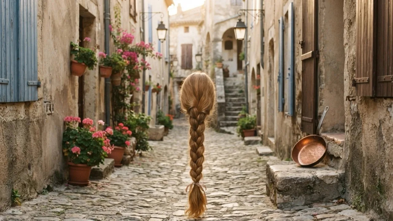 A long golden braid trailing down a cobbled alley at golden hour, no faces visible