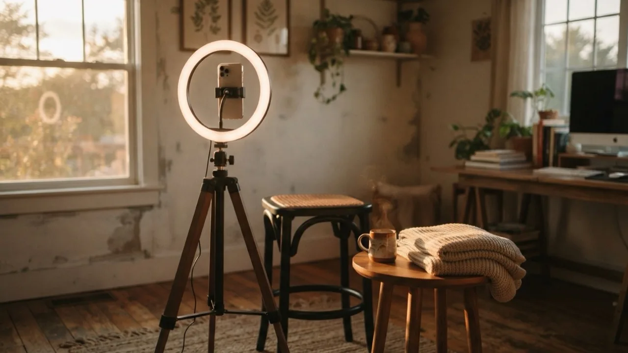 Empty ring light and phone tripod set up in a bright home studio corner