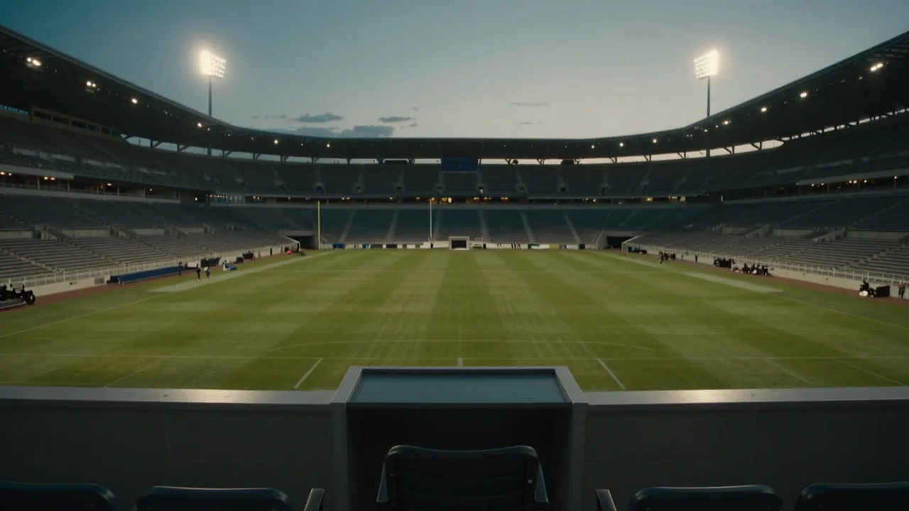 Empty NFL stadium bowl at dusk with floodlights on and no people visible