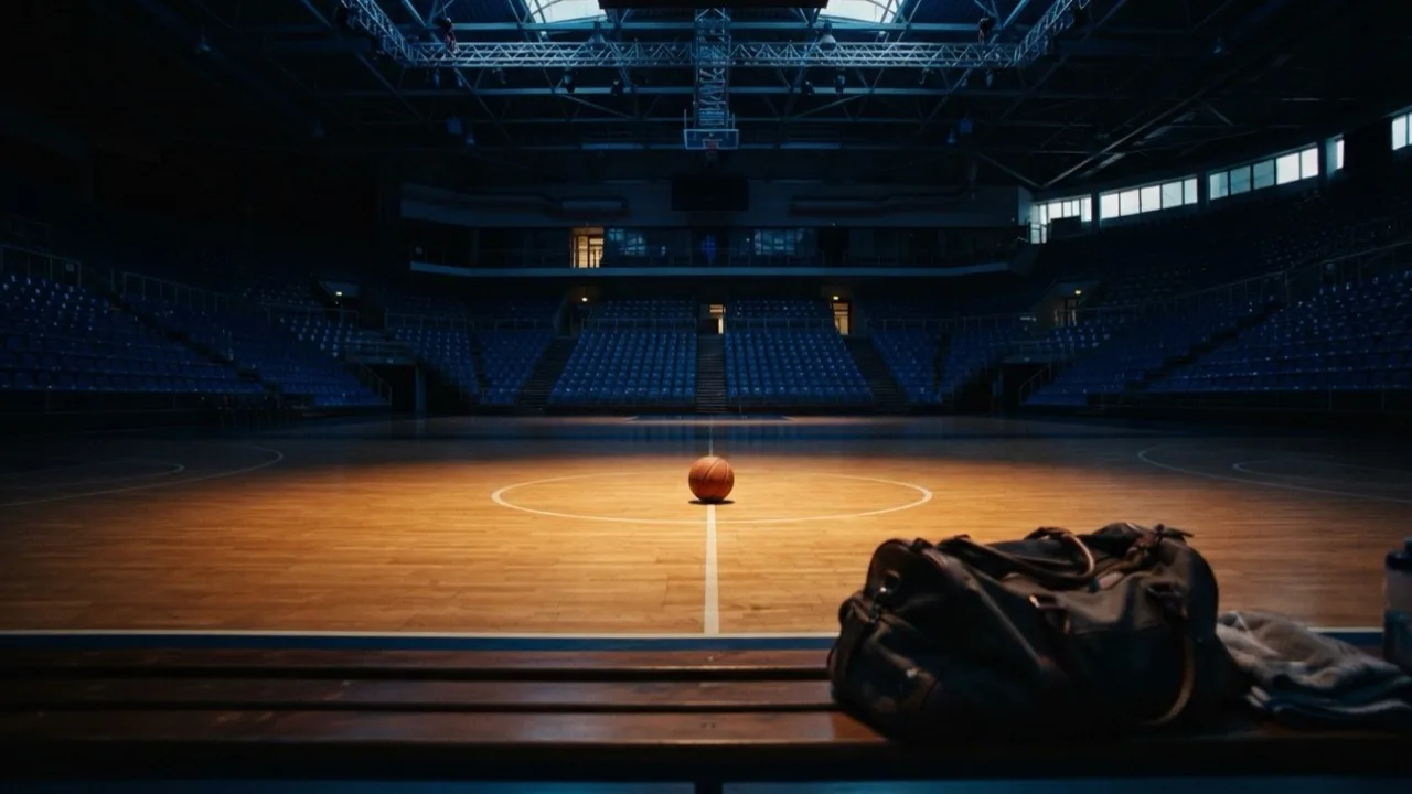 Empty arena at dusk with a basketball on the hardwood under rigging lights, no faces or logos visible